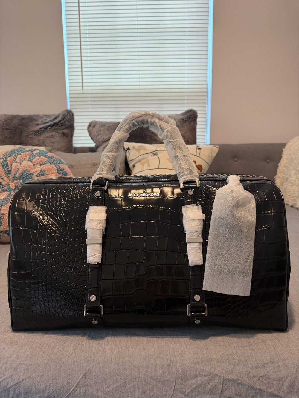 Michael Kors Black Croc-Embossed Leather Duffel